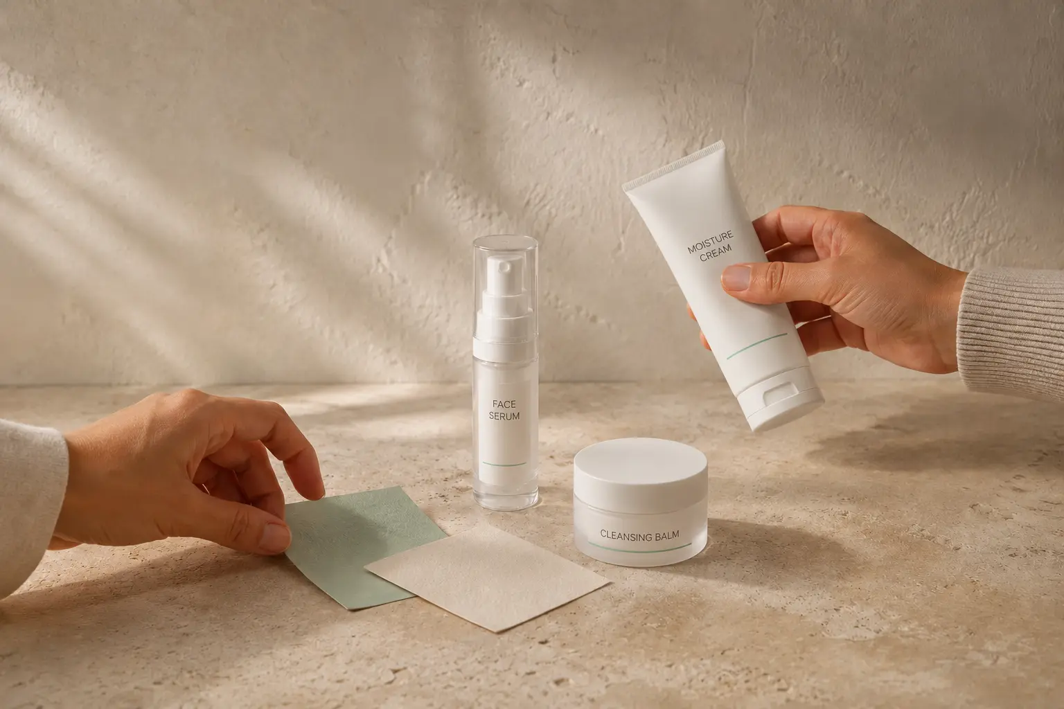 Hands comparing blank packaging prototypes and material swatches
